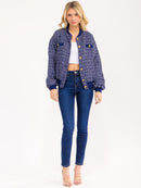 WOMEN'S LONG SLEEVE BUTTON CLOSURE POCKETS TWEED SHIMMER JACKET