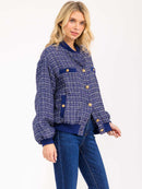 WOMEN'S LONG SLEEVE BUTTON CLOSURE POCKETS TWEED SHIMMER JACKET