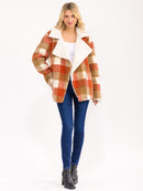 WOMEN'S LONG SLEEVE ZIP UP FRONT POCKETS PLAID SHERPA JACKET