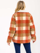 WOMEN'S LONG SLEEVE ZIP UP FRONT POCKETS PLAID SHERPA JACKET