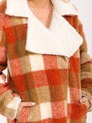 WOMEN'S LONG SLEEVE ZIP UP FRONT POCKETS PLAID SHERPA JACKET