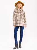WOMEN'S LONG SLEEVE BUTTON UP FRONT POCKETS PLAID JACKET