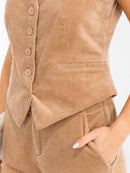 WOMEN'S SLEEVELESS BUTTON UP V-NECK CORDUROY VEST