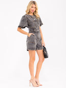 WOMEN'S SHORT SLEEVES BUTTON UP POCKETS WASHED DENIM ROMPER