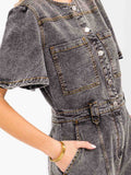 WOMEN'S SHORT SLEEVES BUTTON UP POCKETS WASHED DENIM ROMPER