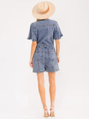 WOMEN'S SHORT SLEEVES BUTTON UP POCKETS WASHED DENIM ROMPER