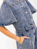 WOMEN'S SHORT SLEEVES BUTTON UP POCKETS WASHED DENIM ROMPER