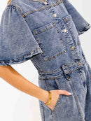 WOMEN'S SHORT SLEEVES BUTTON UP POCKETS WASHED DENIM ROMPER