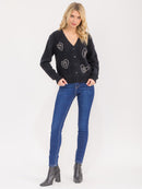 WOMEN'S LONG SLEEVE BUTTON UP STUDS KNIT SWEATER