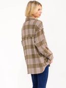 WOMEN'S LONG SLEEVE BUTTON CLOSURE FRONT POCKETS PLAID SHACKET