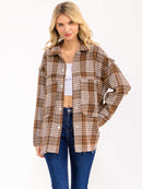 WOMEN'S LONG SLEEVE BUTTON CLOSURE FRONT POCKETS PLAID SHACKET