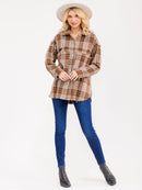WOMEN'S LONG SLEEVE BUTTON CLOSURE FRONT POCKETS PLAID SHACKET