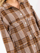 WOMEN'S LONG SLEEVE BUTTON CLOSURE FRONT POCKETS PLAID SHACKET