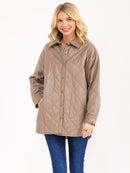 WOMEN'S LONG SLEEVE BUTTON CLOSURE FRONT POCKETS PU PLEATHER JACKET