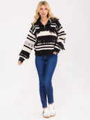 WOMEN'S LONG SLEEVE ZIP UP COLORBLOCK DETAILED PULLOVER SWEATER