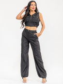 WOMEN'S SLEEVELESS ZIP UP TOP & BUTTON CLOSURE PANTS SOLID 2PC. SET