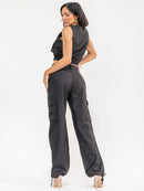WOMEN'S SLEEVELESS ZIP UP TOP & BUTTON CLOSURE PANTS SOLID 2PC. SET