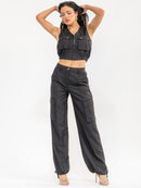 WOMEN'S SLEEVELESS ZIP UP TOP & BUTTON CLOSURE PANTS SOLID 2PC. SET