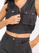 WOMEN'S SLEEVELESS ZIP UP TOP & BUTTON CLOSURE PANTS SOLID 2PC. SET