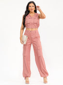 WOMEN'S SLEEVELESS ZIP UP TOP & BUTTON CLOSURE PANTS SOLID 2PC. SET