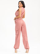 WOMEN'S SLEEVELESS ZIP UP TOP & BUTTON CLOSURE PANTS SOLID 2PC. SET