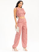 WOMEN'S SLEEVELESS ZIP UP TOP & BUTTON CLOSURE PANTS SOLID 2PC. SET