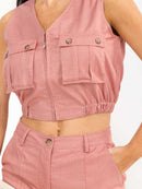 WOMEN'S SLEEVELESS ZIP UP TOP & BUTTON CLOSURE PANTS SOLID 2PC. SET