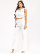WOMEN'S SLEEVELESS ZIP UP TOP & BUTTON CLOSURE PANTS SOLID 2PC. SET