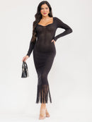 WOMEN'S LONG SLEEVE V-NECK FRINGE BOTTOM HEM KNIT BODYCON MAXI DRESS