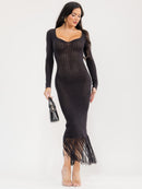 WOMEN'S LONG SLEEVE V-NECK FRINGE BOTTOM HEM KNIT BODYCON MAXI DRESS