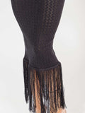WOMEN'S LONG SLEEVE V-NECK FRINGE BOTTOM HEM KNIT BODYCON MAXI DRESS