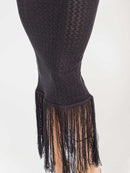 WOMEN'S LONG SLEEVE V-NECK FRINGE BOTTOM HEM KNIT BODYCON MAXI DRESS