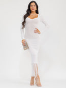 WOMEN'S LONG SLEEVE V-NECK FRINGE BOTTOM HEM KNIT BODYCON MAXI DRESS