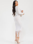 WOMEN'S LONG SLEEVE V-NECK FRINGE BOTTOM HEM KNIT BODYCON MAXI DRESS