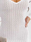 WOMEN'S LONG SLEEVE V-NECK FRINGE BOTTOM HEM KNIT BODYCON MAXI DRESS