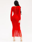WOMEN'S LONG SLEEVE V-NECK FRINGE BOTTOM HEM KNIT BODYCON MAXI DRESS