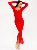 WOMEN'S LONG SLEEVE V-NECK FRINGE BOTTOM HEM KNIT BODYCON MAXI DRESS
