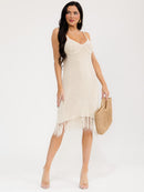 WOMEN'S SLEEVELESS V-NECK FRINGE BOTTOM HEM BODYCON MIDI DRESS