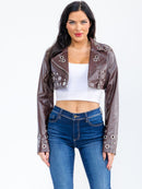 WOMEN'S LONG SLEEVE ZIP UP PU PLEATHER JACKET