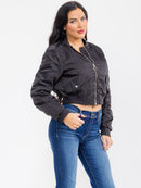 WOMEN'S LONG RUCHED SLEEVE ZIPPER CLOSURE POCKETS BOMBER JACKET