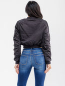 WOMEN'S LONG RUCHED SLEEVE ZIPPER CLOSURE POCKETS BOMBER JACKET