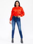 WOMEN'S LONG RUCHED SLEEVE ZIPPER CLOSURE POCKETS BOMBER JACKET