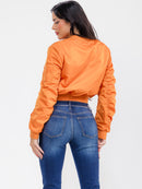 WOMEN'S LONG RUCHED SLEEVE ZIPPER CLOSURE POCKETS BOMBER JACKET