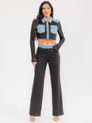 WOMEN'S LONG SLEEVE CROP TOP & BUTTON CLOSURE PANTS DENIM CONTRAST 2PC. SET