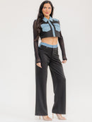 WOMEN'S LONG SLEEVE CROP TOP & BUTTON CLOSURE PANTS DENIM CONTRAST 2PC. SET