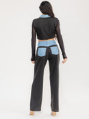 WOMEN'S LONG SLEEVE CROP TOP & BUTTON CLOSURE PANTS DENIM CONTRAST 2PC. SET