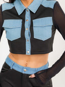 WOMEN'S LONG SLEEVE CROP TOP & BUTTON CLOSURE PANTS DENIM CONTRAST 2PC. SET