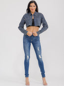 WOMEN'S LONG SLEEVE BUTTON CLOSURE FRONT POCKETS RHINESTONES CROP BLAZER