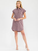 WOMEN'S SHORT SLEEVE OBUTTON UP FRONT POCKETS STRIPES TUNIC MINI DRESS