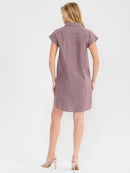 WOMEN'S SHORT SLEEVE OBUTTON UP FRONT POCKETS STRIPES TUNIC MINI DRESS